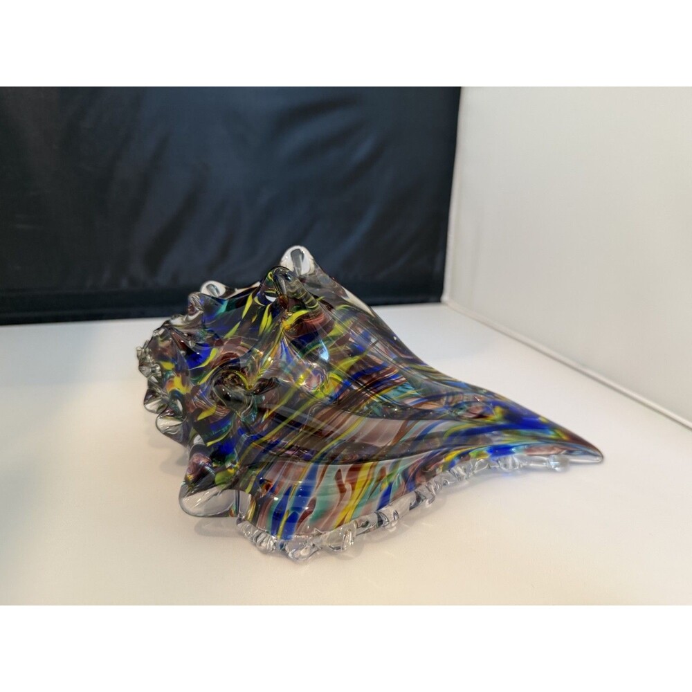 Vintage Murano Style Hand Blown Art Glass Conch Shell Multicolor 10” Sculpture